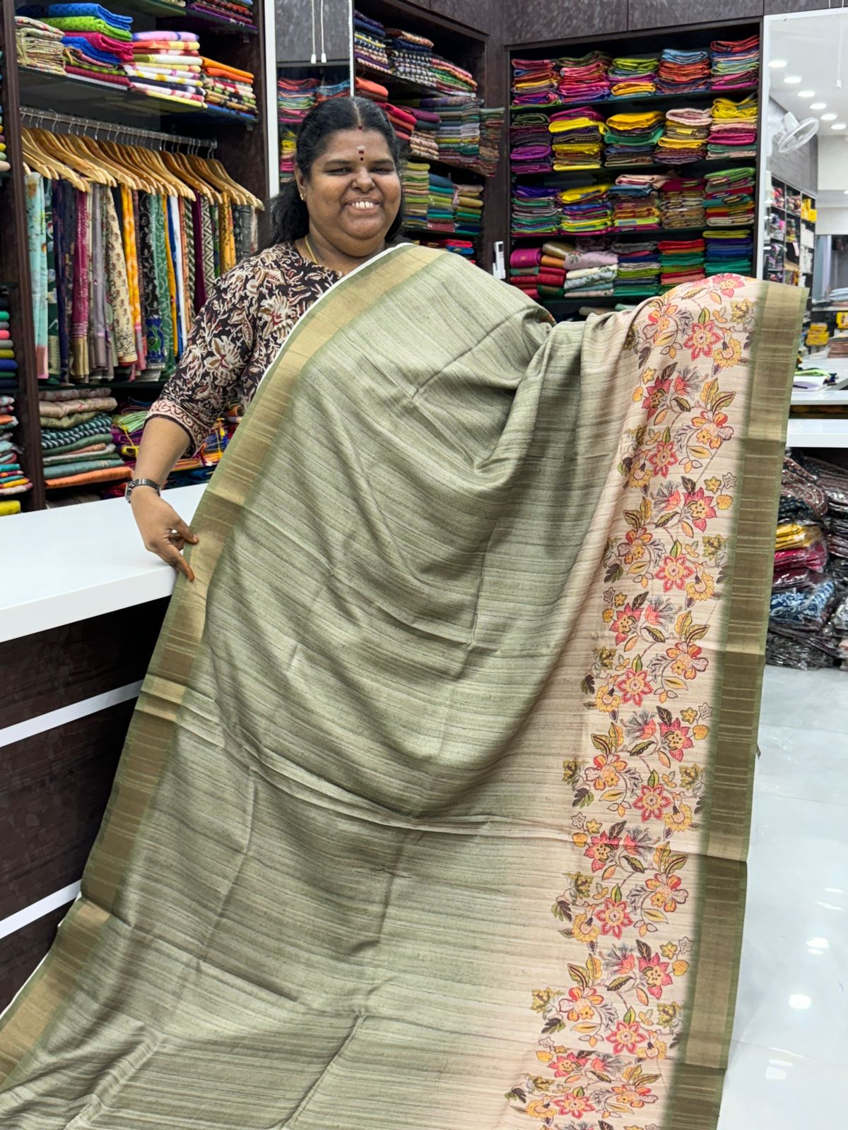 Semi Tussar with beautiful Prints - Light Olive Green Shade - VVST001