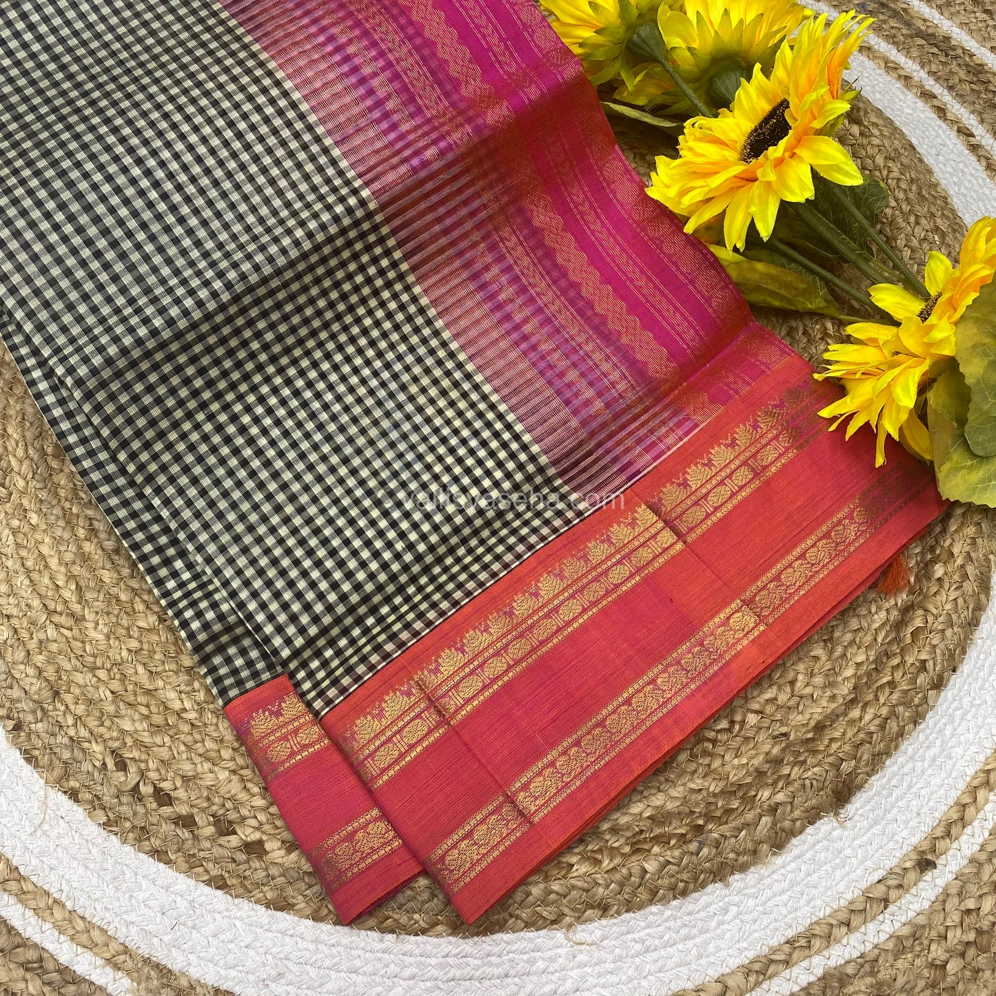 Pure Korvai Silk Cotton - Podi Kattam - Retta Petta Border - Peachish Pink - VVKSC003