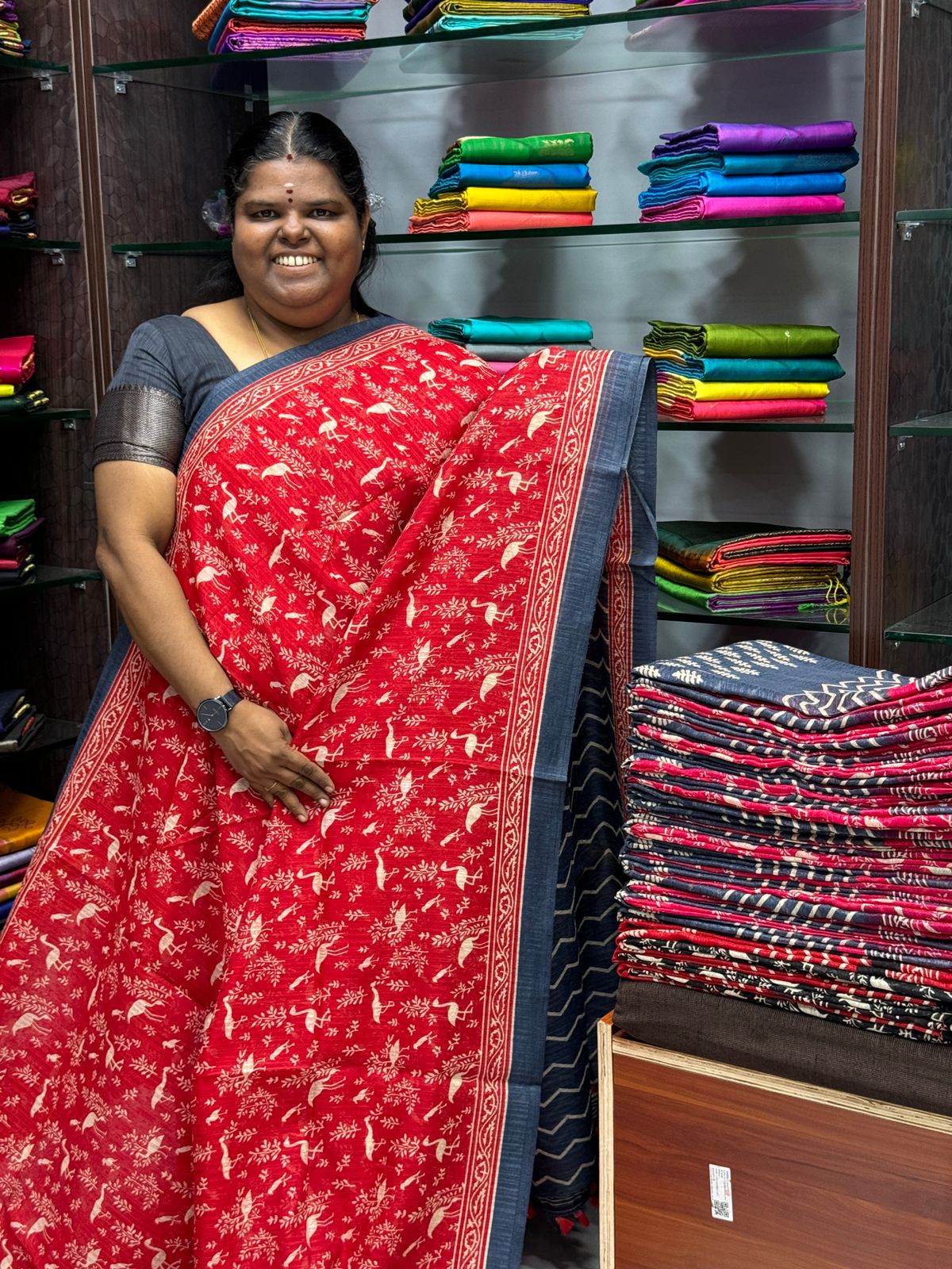 Jute Cotton Saree - Red & Grey Combo - VVJCS001