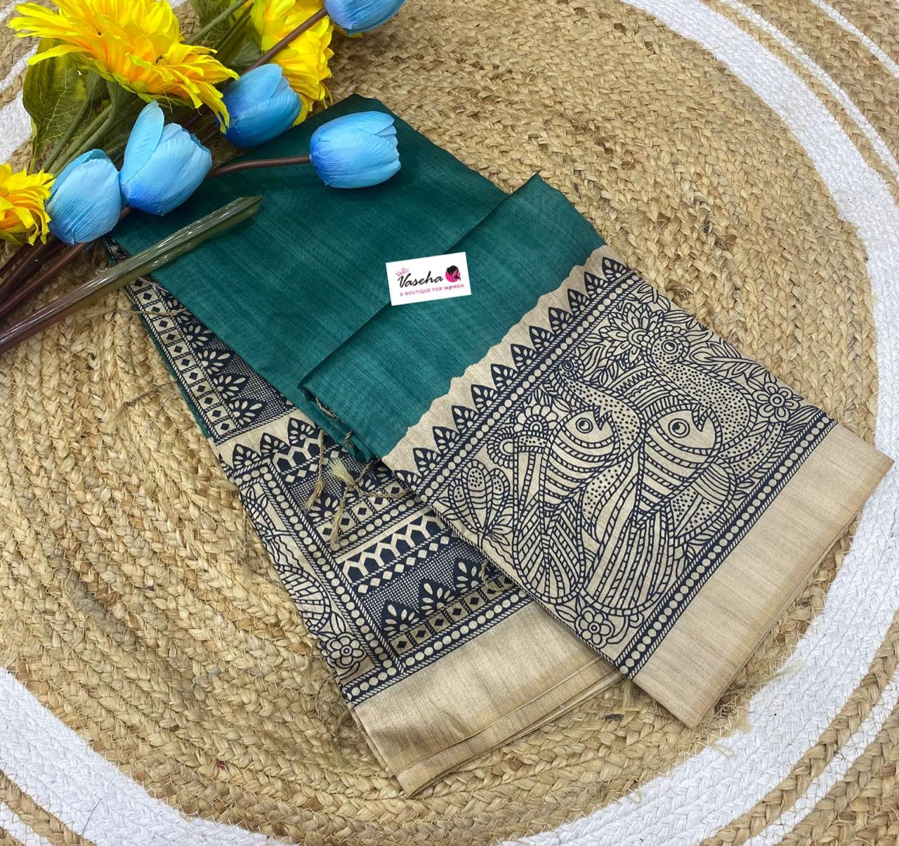 Semi Tussar Saree with Madhubani Prints - Ramar Green - VVST002