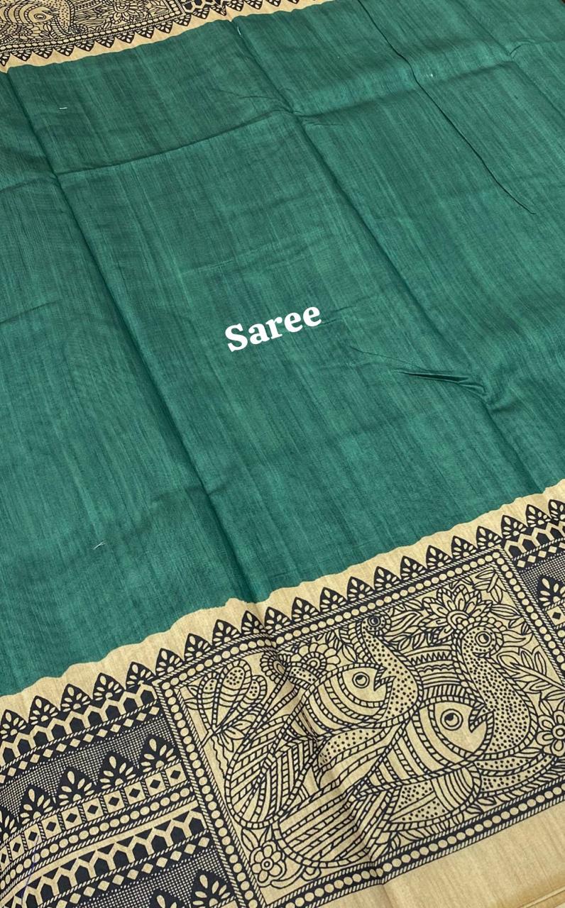Semi Tussar Saree with Madhubani Prints - Ramar Green - VVST002