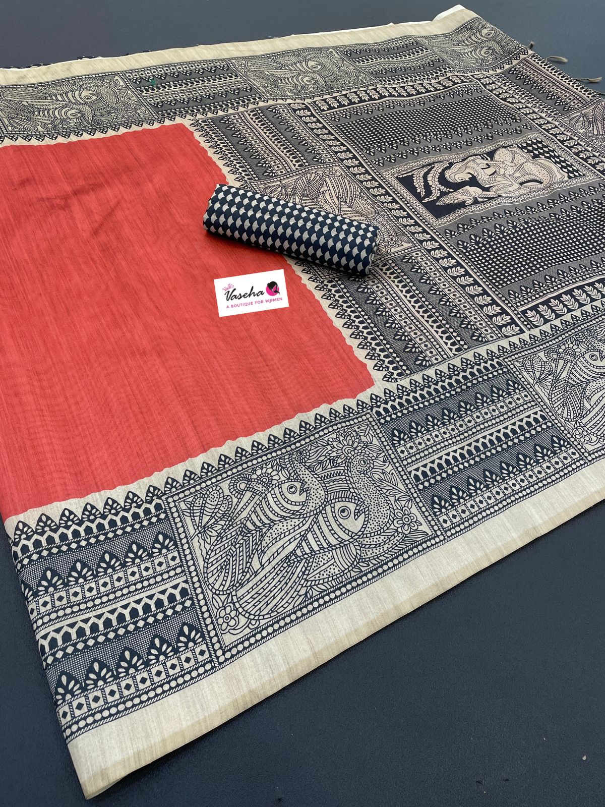 Semi Tussar Saree with Madhubani Prints - Peach Shade - VVST002