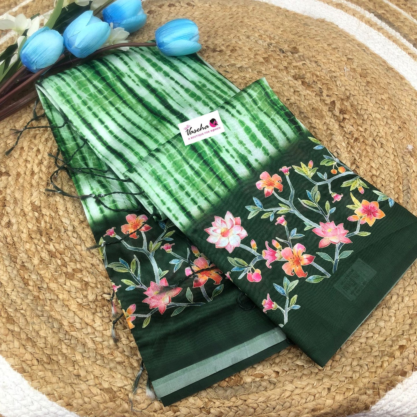 Shibori Semi Chanderi Mixed Cotton Sarees - Green Shade - VVSC01