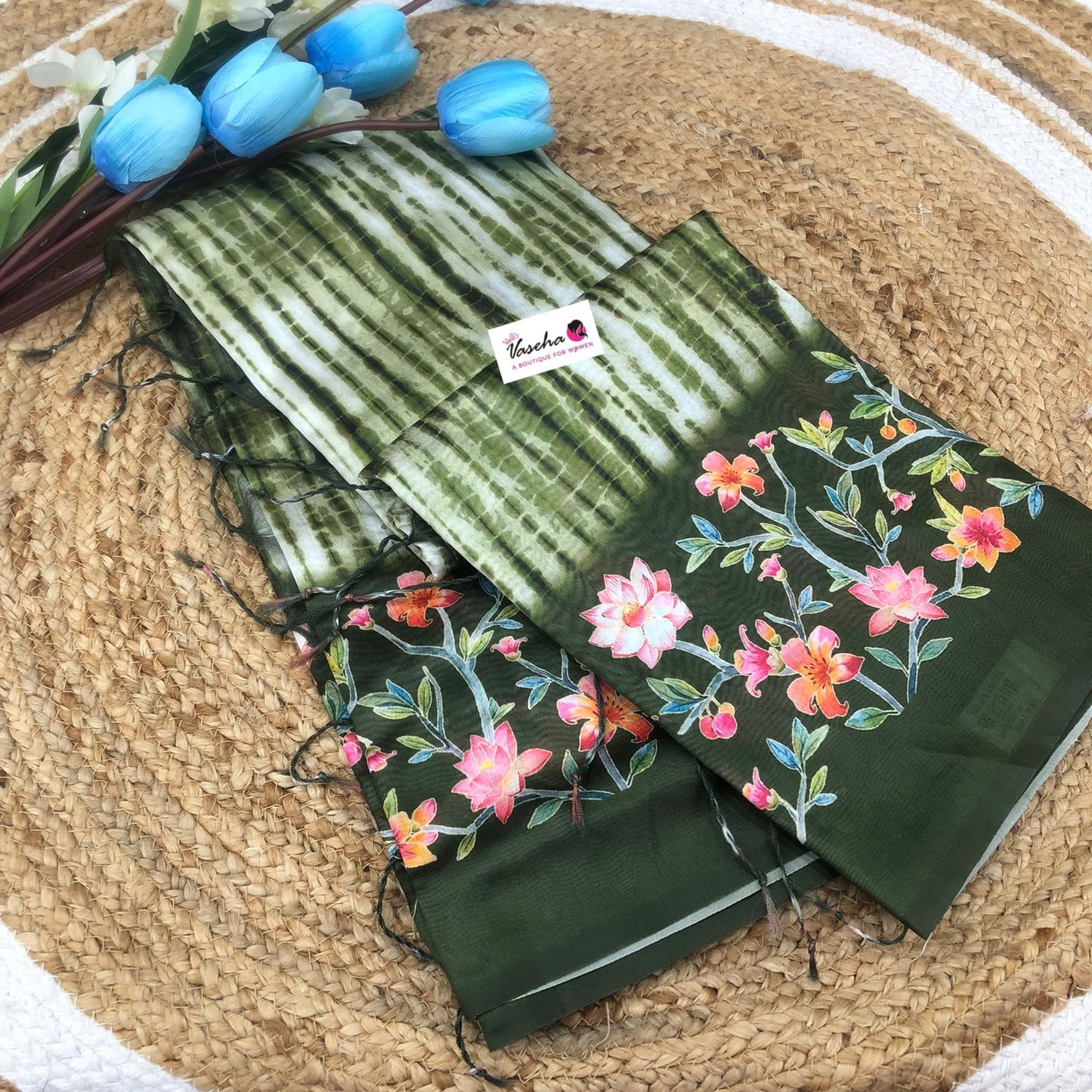 Shibori Semi Chanderi Mixed Cotton Sarees - Green Shade - VVSC01