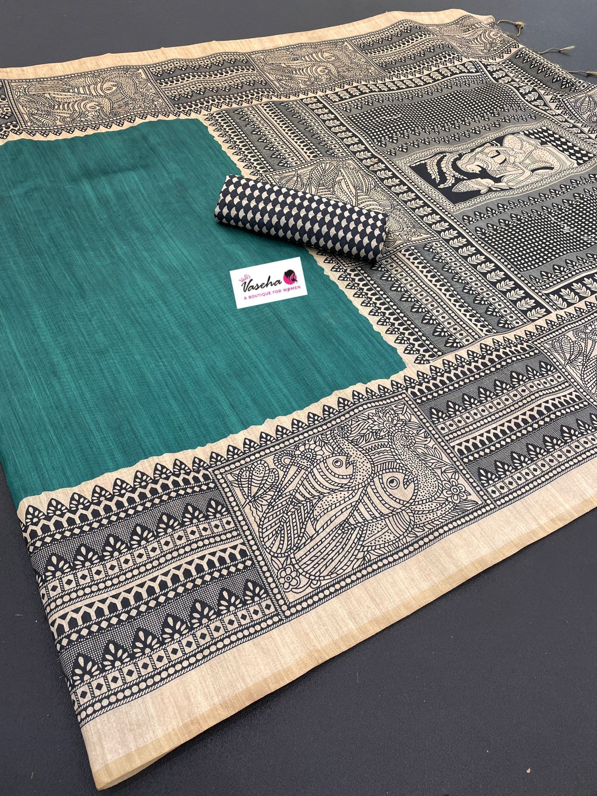 Semi Tussar Saree with Madhubani Prints - Ramar Green - VVST002