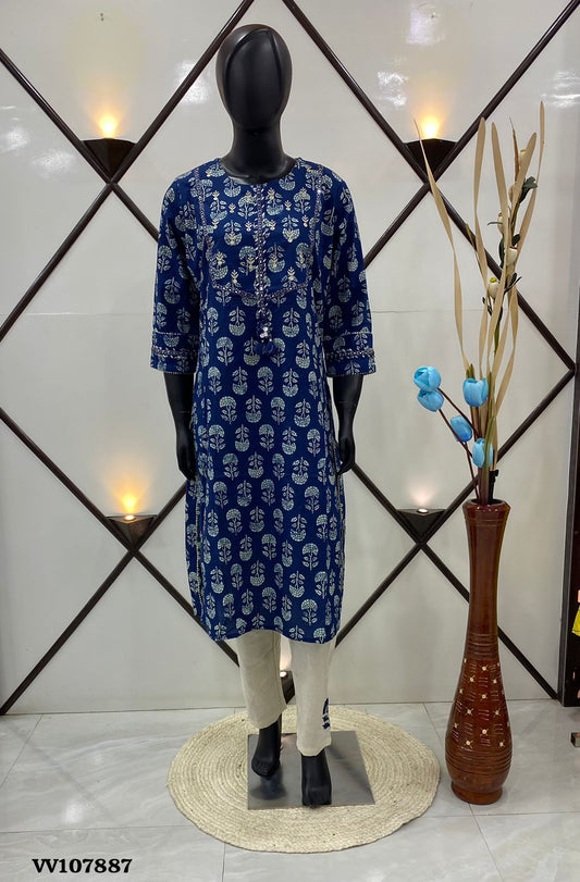 Salwar & Kameez(2pc) Set - Indigo Blue kurti & Khadi Cotton Bottom with Appliqué work- VV107886 & VV107887 - VVCOD001