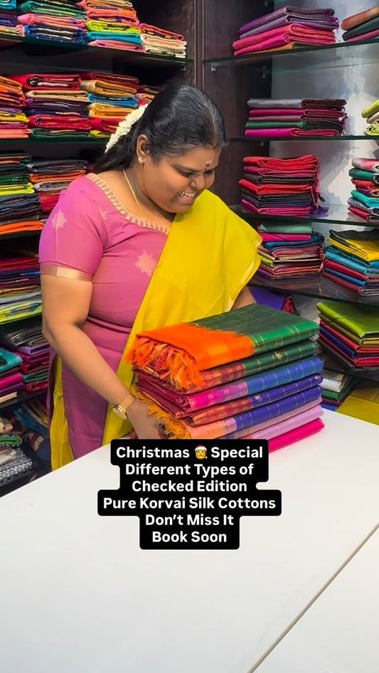 Christmas 🎅 Special Checked edition of Pure Korvai Silk Cotton Sar...