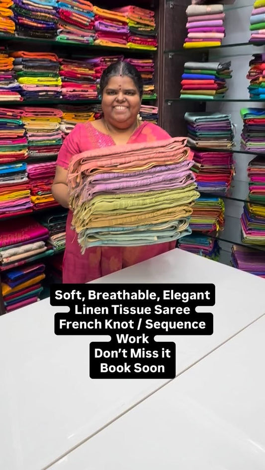 Soft | Breathable | Elegant | Linen Tissue Saree| French Knot Embro...