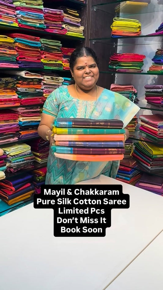 Pure Silk Cotton | All over zari checks | Mayil & Chakkaram design ...