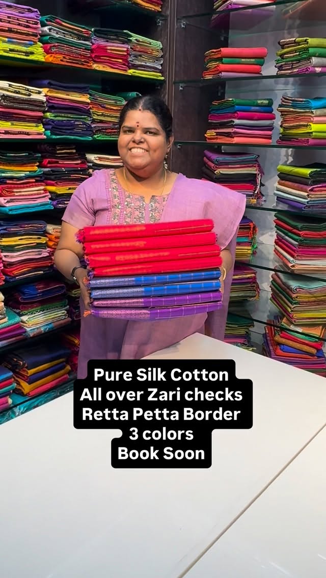 Pure Silk Cotton Saree | Retta Petta Border | All over Zari Checks ...