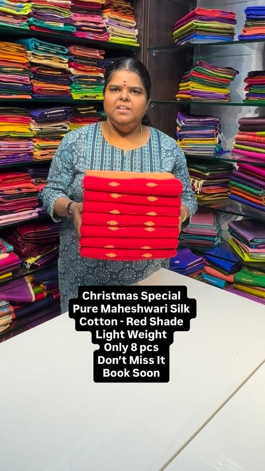 Christmas Special - Red Saree - Pure Maheshwari Silk Cotton Saree |...