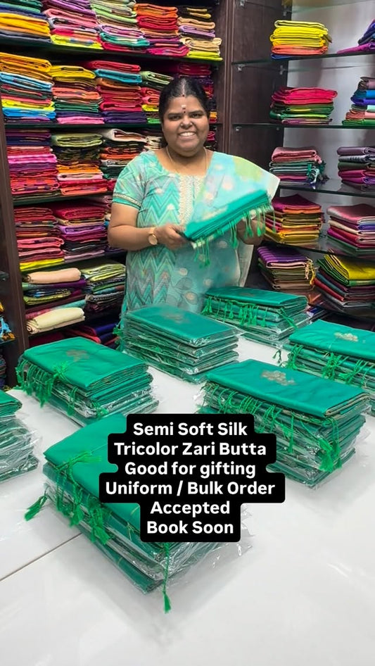 Semi Soft Silk | Tri Color Zari Butta | Flat 5% less 

Vallisvaseha...