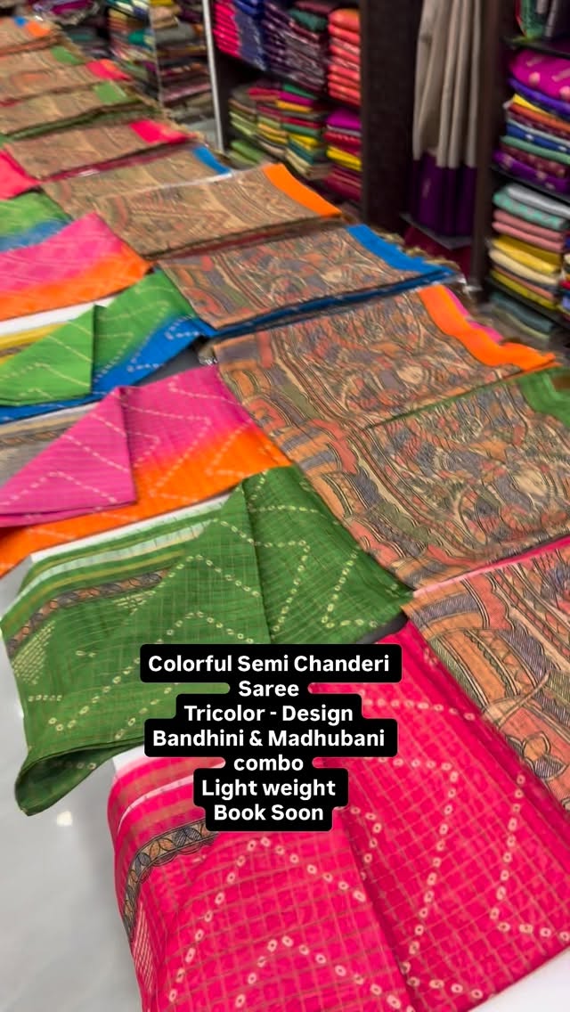 Colourful Semi Chanderi Sarees - Fusion of Bandhini & Madhubani Sar...