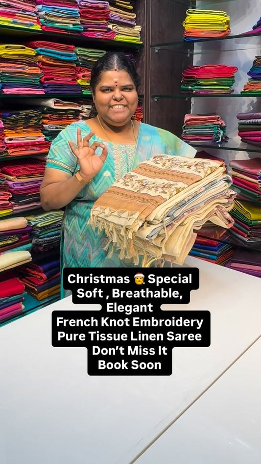 Soft | Breathable | Elegant | Linen Tissue Saree| French Knot Embro...