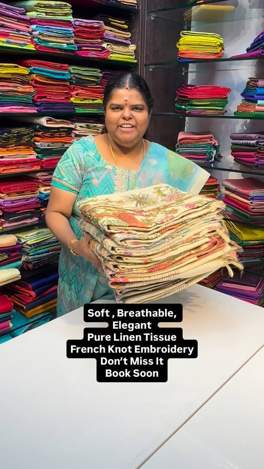 Soft | Breathable | Elegant | Linen Tissue Saree| French Knot Embro...