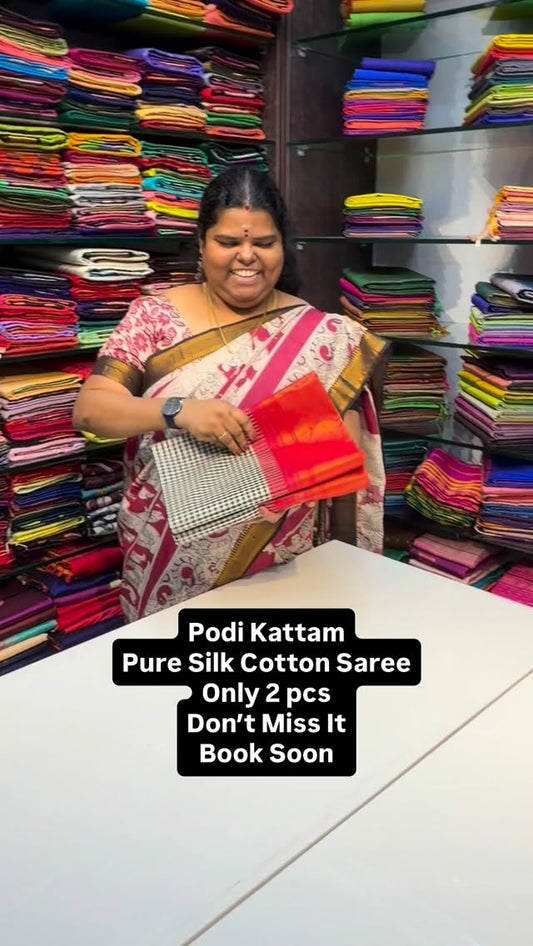 Podi Kattam | Black & White kattam with Red Retta Petta Border | Pu...