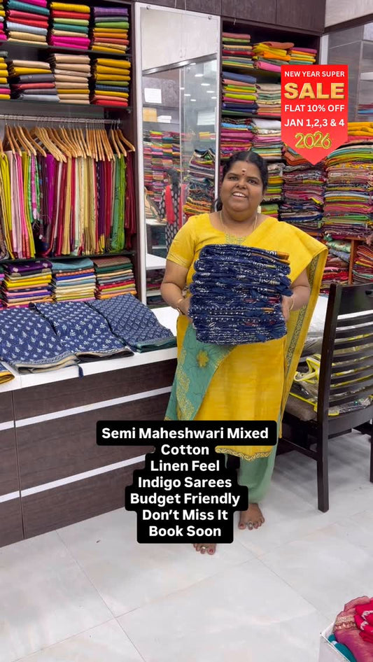 Semi Maheshwari Mixed Cotton - Indigo Shade - Linen Feel - Book Soo...
