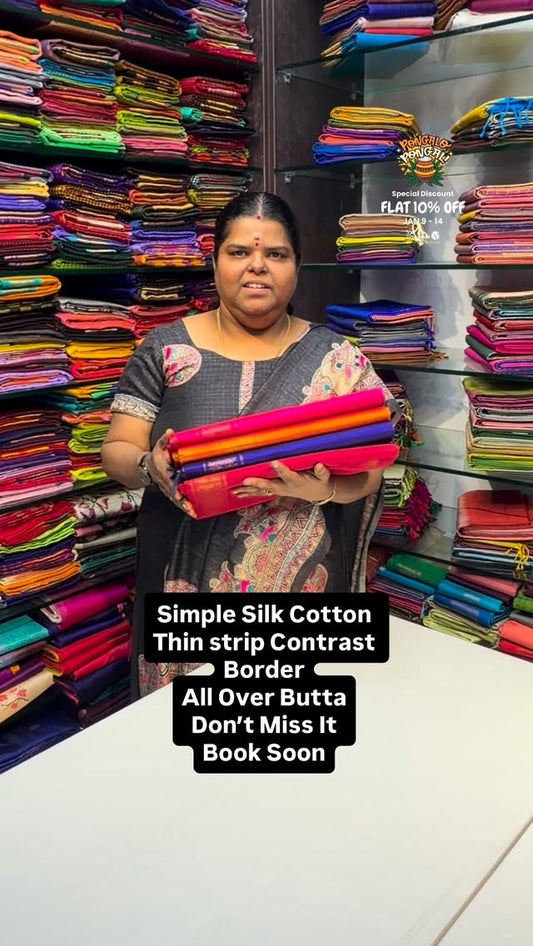 Pure Silk Cotton Saree | Thin Strip Of Border | Flat 10% less - off...