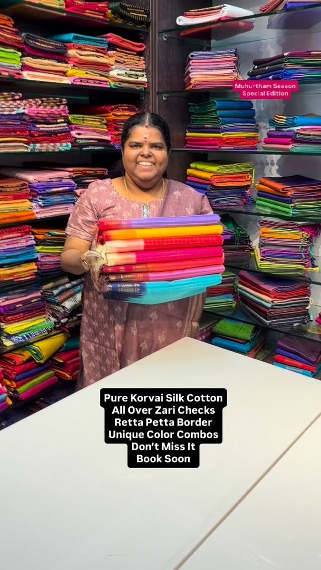 Pure Korvai Silk Cotton | All Over Zari Checks | Retta Petta Border...
