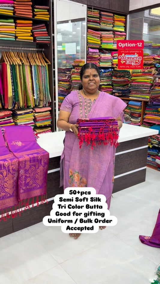Semi Soft Silk | Tri Color Butta | Flat 5% less 

Vallisvaseha.com
...