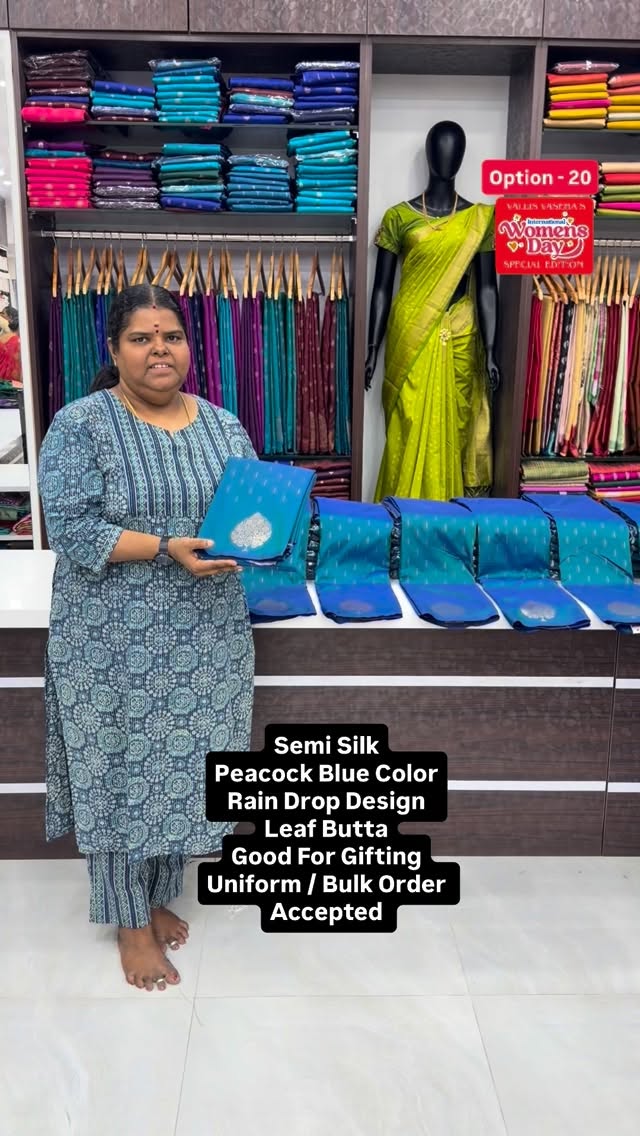 Semi Silk - Peacock Blue Color - Rain Drop Design -
Leaf Butta - Go...