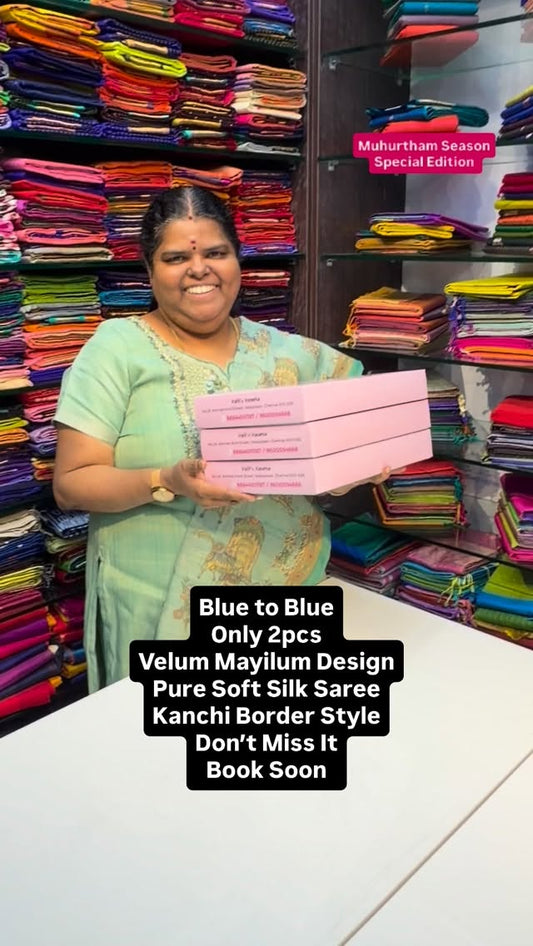 Blue to Blue | Velum & Mayilum Design | Pure Soft Silk | Kanchi Bor...