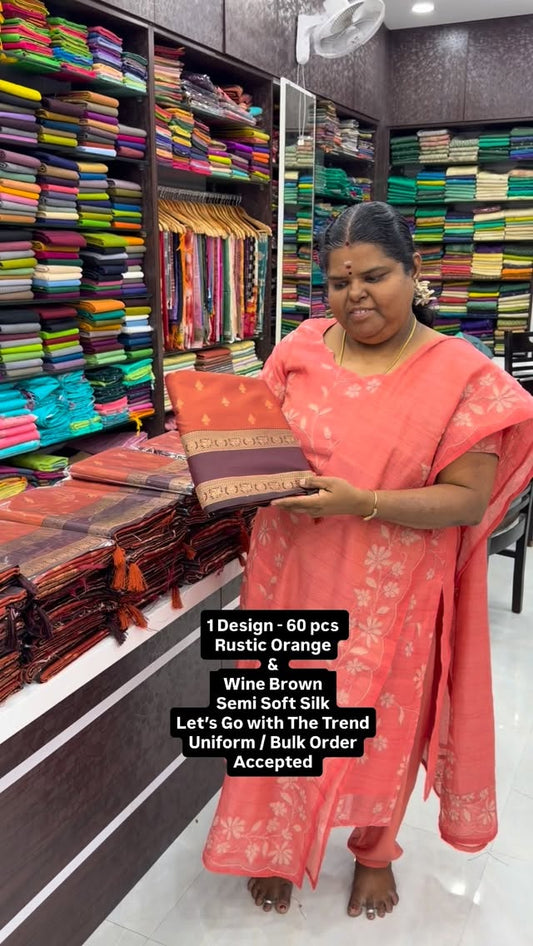 Rustic Orange & Wine Brown Combo - Semi Soft Silk Saree - Soft & Sm...