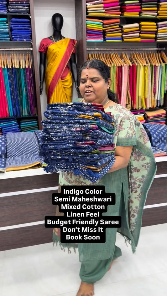 Semi Maheshwari Mixed Cotton - Indigo Shade - Linen Feel - Book Soo...