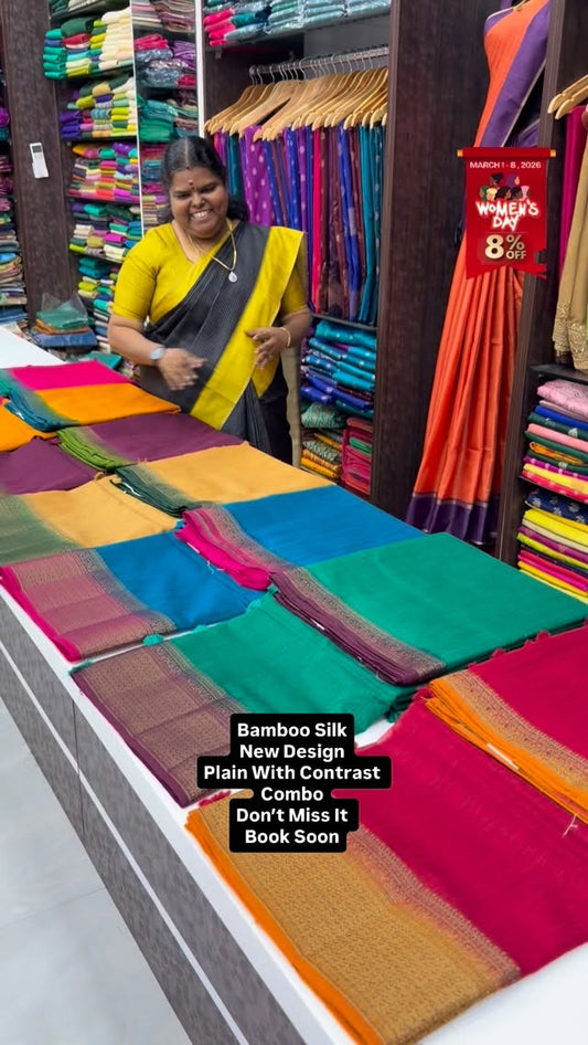 Bamboo silk Saree | Plain | Contrast Pallu & Blouse | Flat 8% less ...