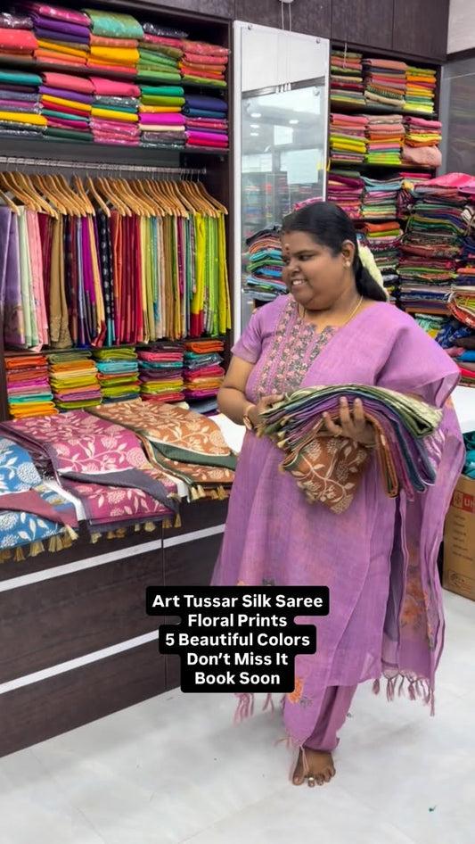 Art Tussar Silk Saree - 5 Colors - Beautiful  floral Prints - Offic...