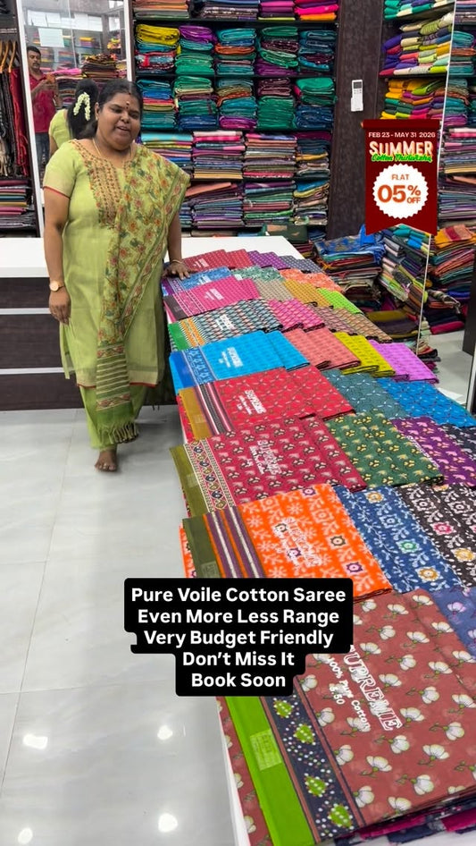 Summer Special - Pure Voile - Pure Cotton Saree - Without Blouse - ...