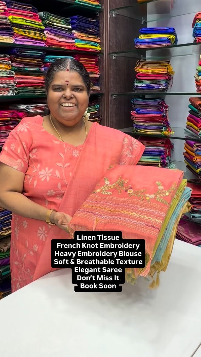Soft | Breathable | Elegant | Linen Tissue Saree| French Knot Embro...