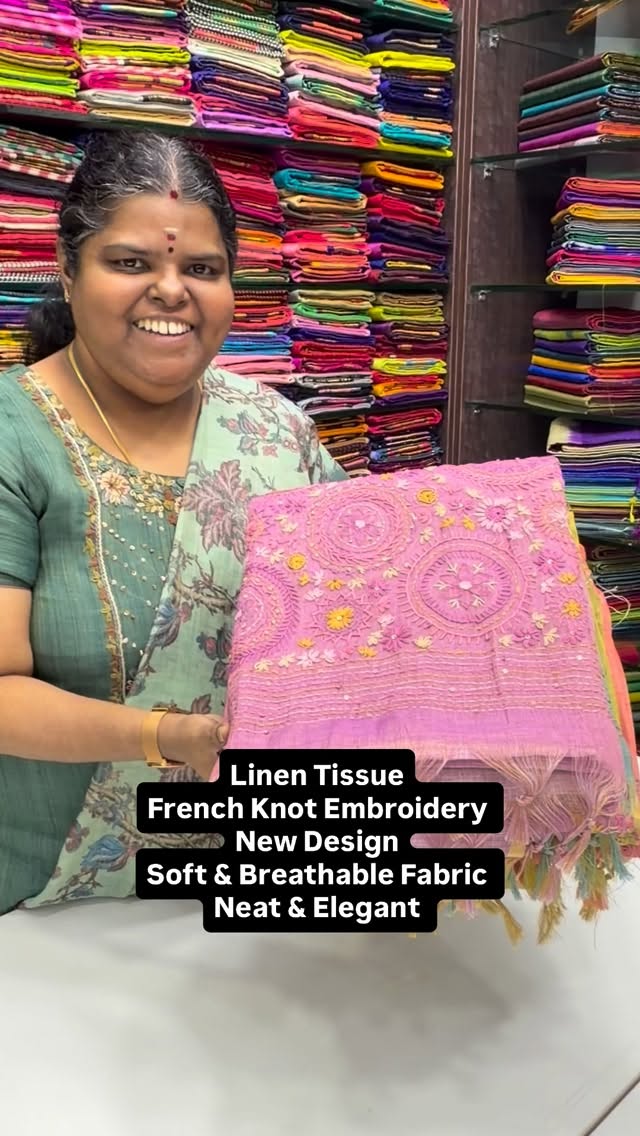 Soft | Breathable | Elegant | Linen Tissue Saree| French Knot Embro...