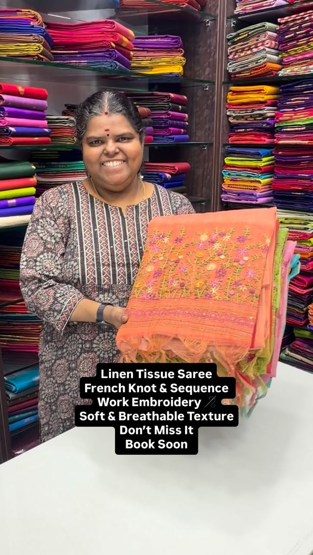 Soft | Breathable | Elegant | Linen Tissue Saree| French Knot Embro...
