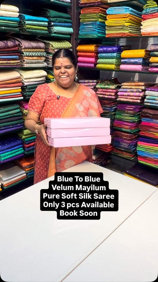 Blue To Blue | Velum & Mayilum Design | Pure Soft Silk | Kanchi Bor...