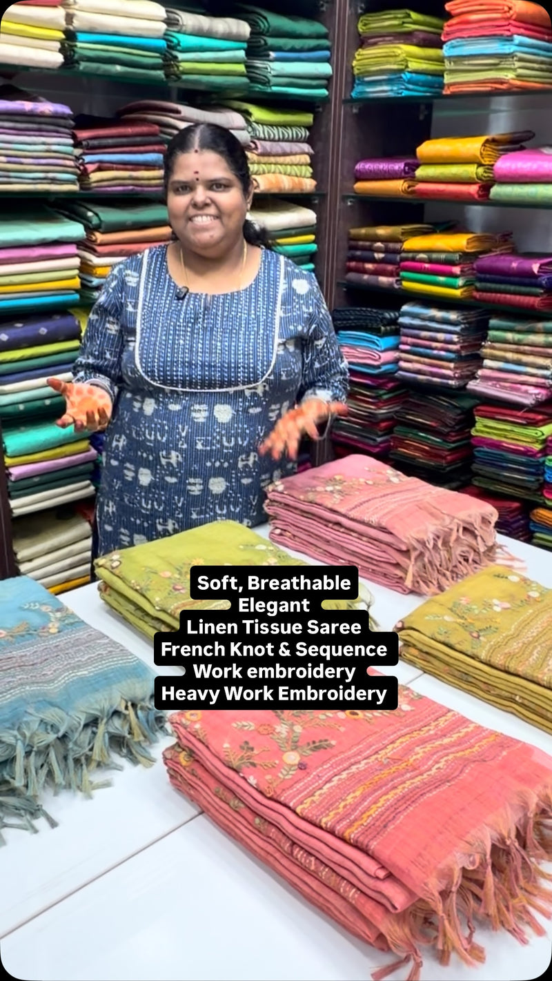 Soft | Breathable | Elegant | Linen Tissue Saree| French Knot Embro...