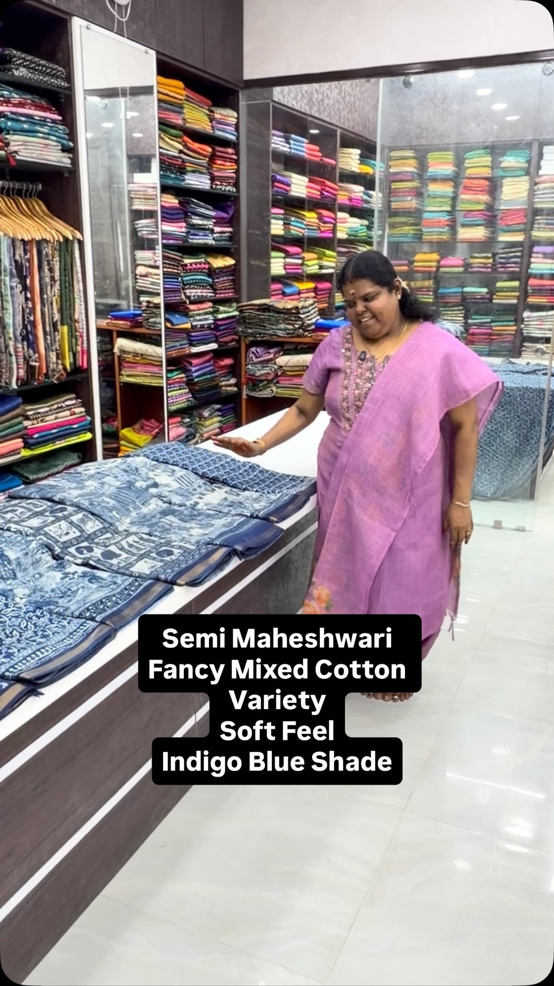 Semi Maheshwari Mixed Cotton - Indigo Shade - soft Linen Feel - Boo...