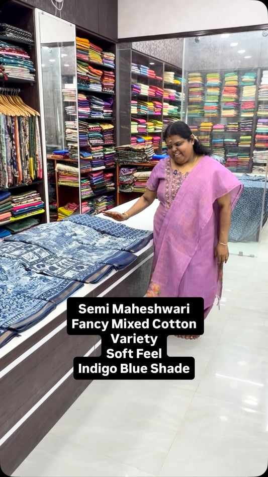 Semi Maheshwari Mixed Cotton - Indigo Shade - soft Linen Feel - Boo...