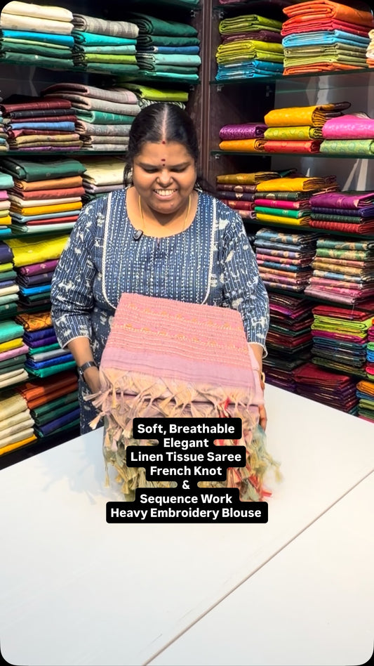 Soft | Breathable | Elegant | Linen Tissue Saree| French Knot Embro...