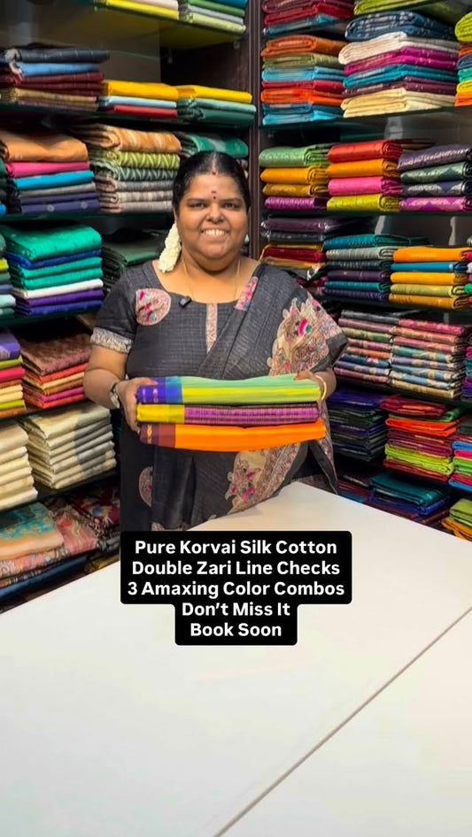 Pure Korvai Silk Cotton | Double Zari Lines checks | Flat 5% less 
...