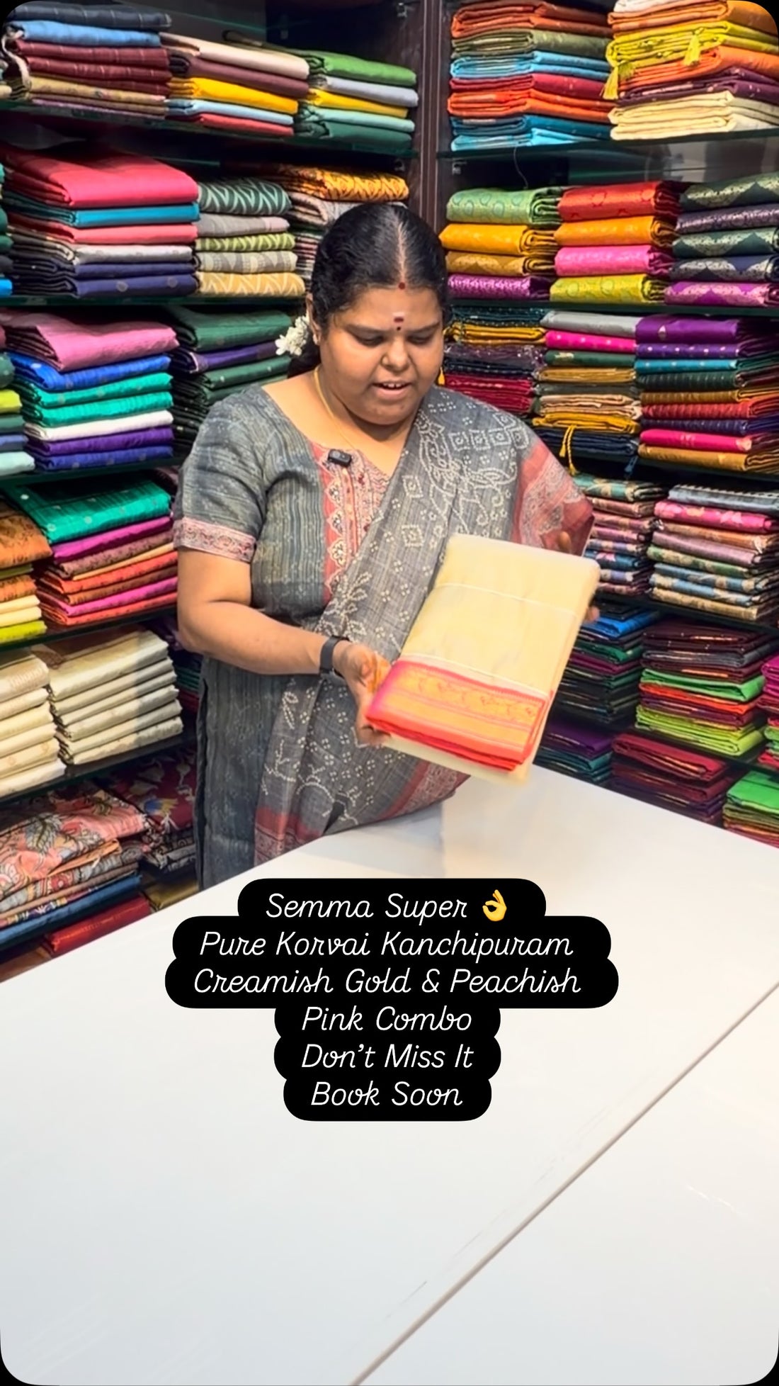 Creamish Gold & Peachish Orange | Pure Korvai Kanchipuram Silk Sare...