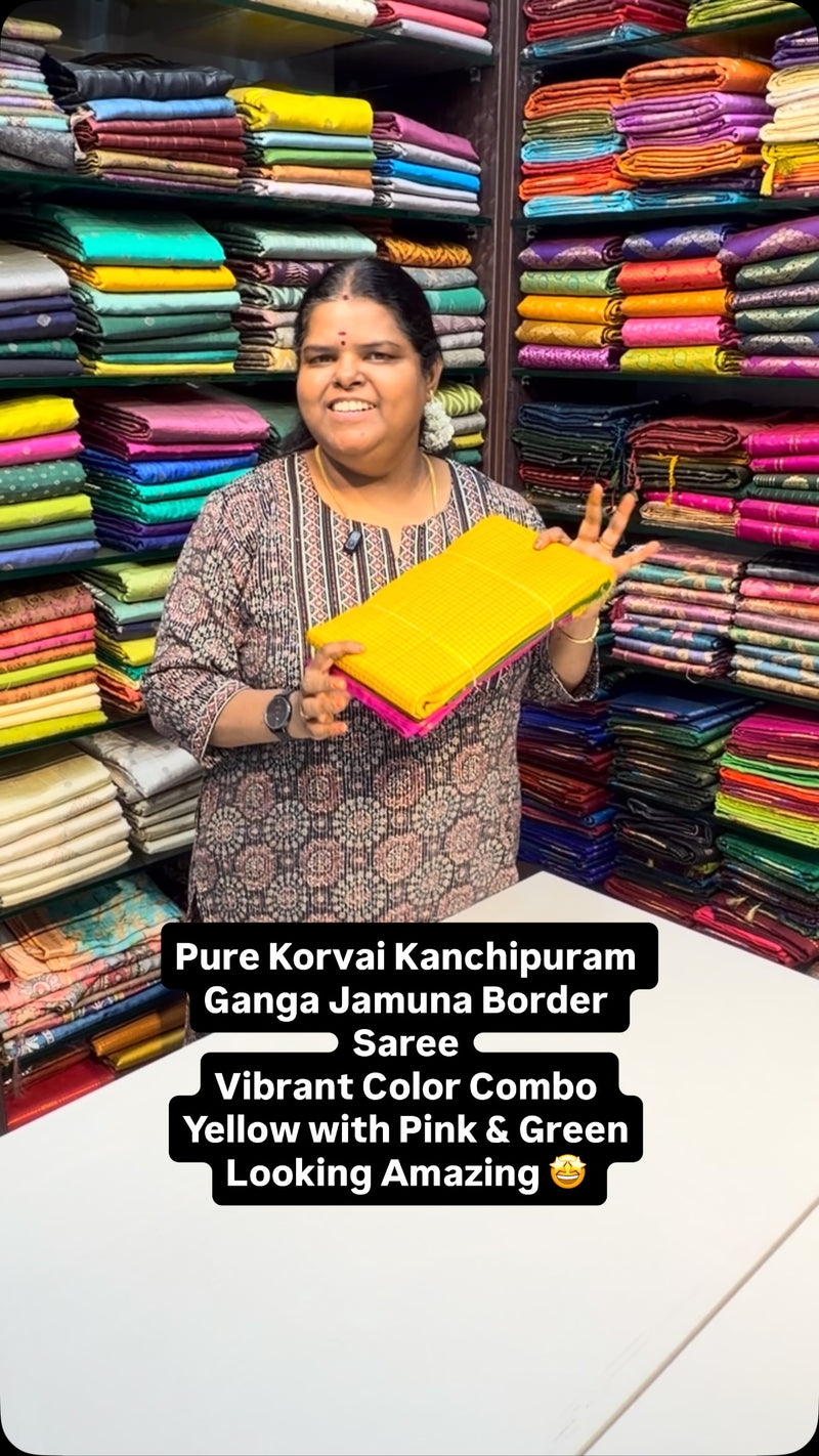 Yellow with Pink & Green Combo | Pure Korvai Kanchipuram Silk Saree...