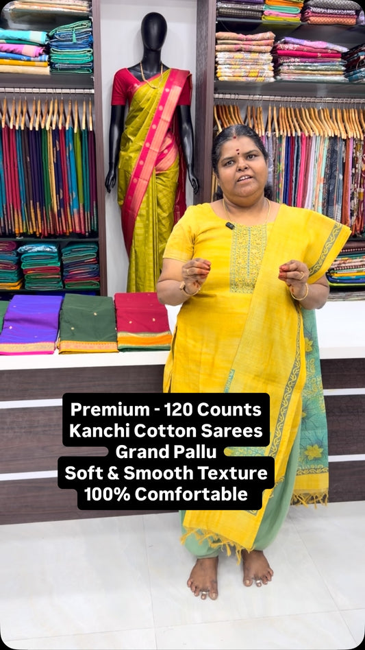Premium Kanchi Cotton Sarees - Grand Pallu & Running  blouse 
- Cla...