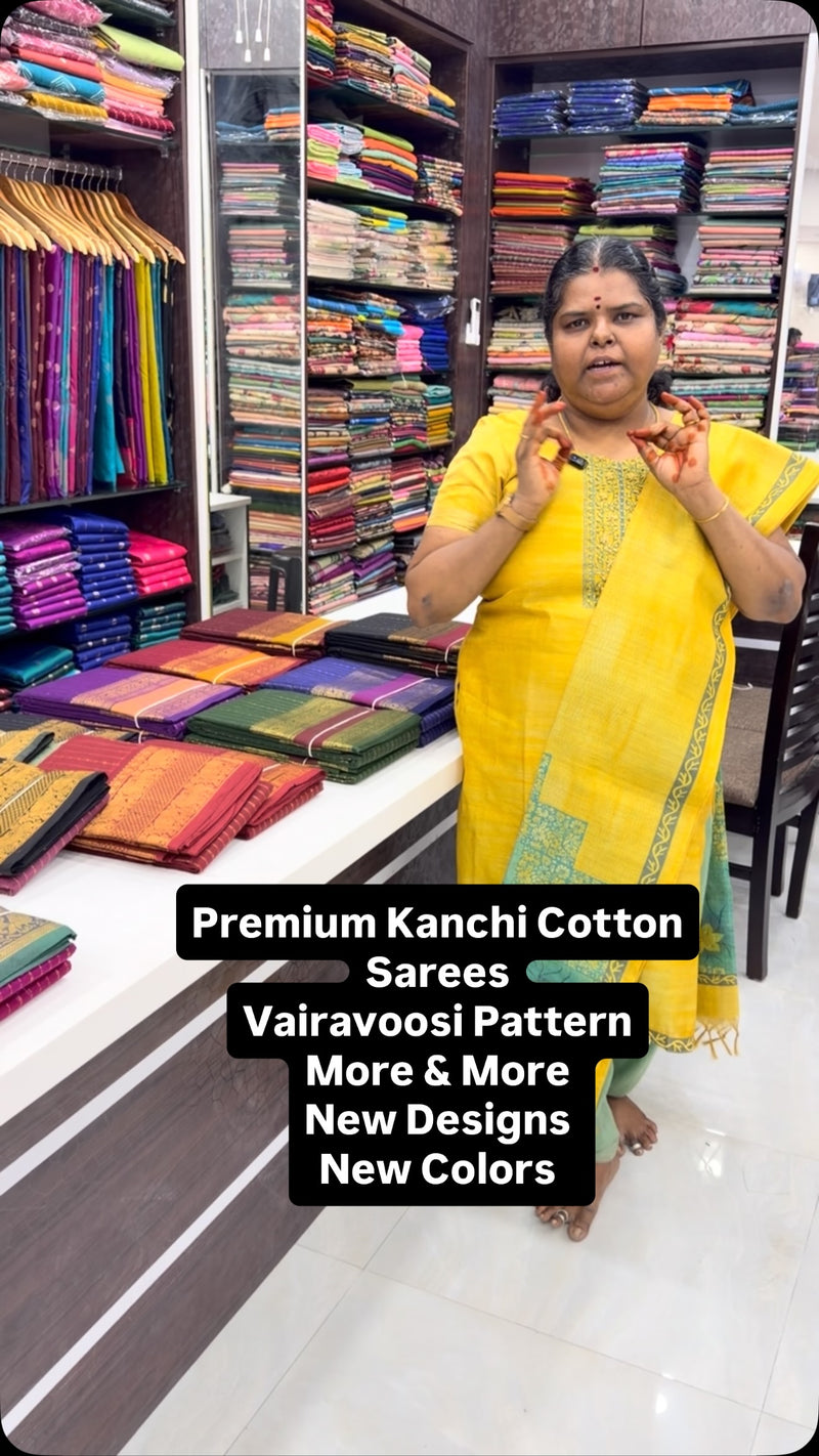 Premium Kanchi Cotton Sarees - Grand Pallu & Running  blouse 
- Cla...