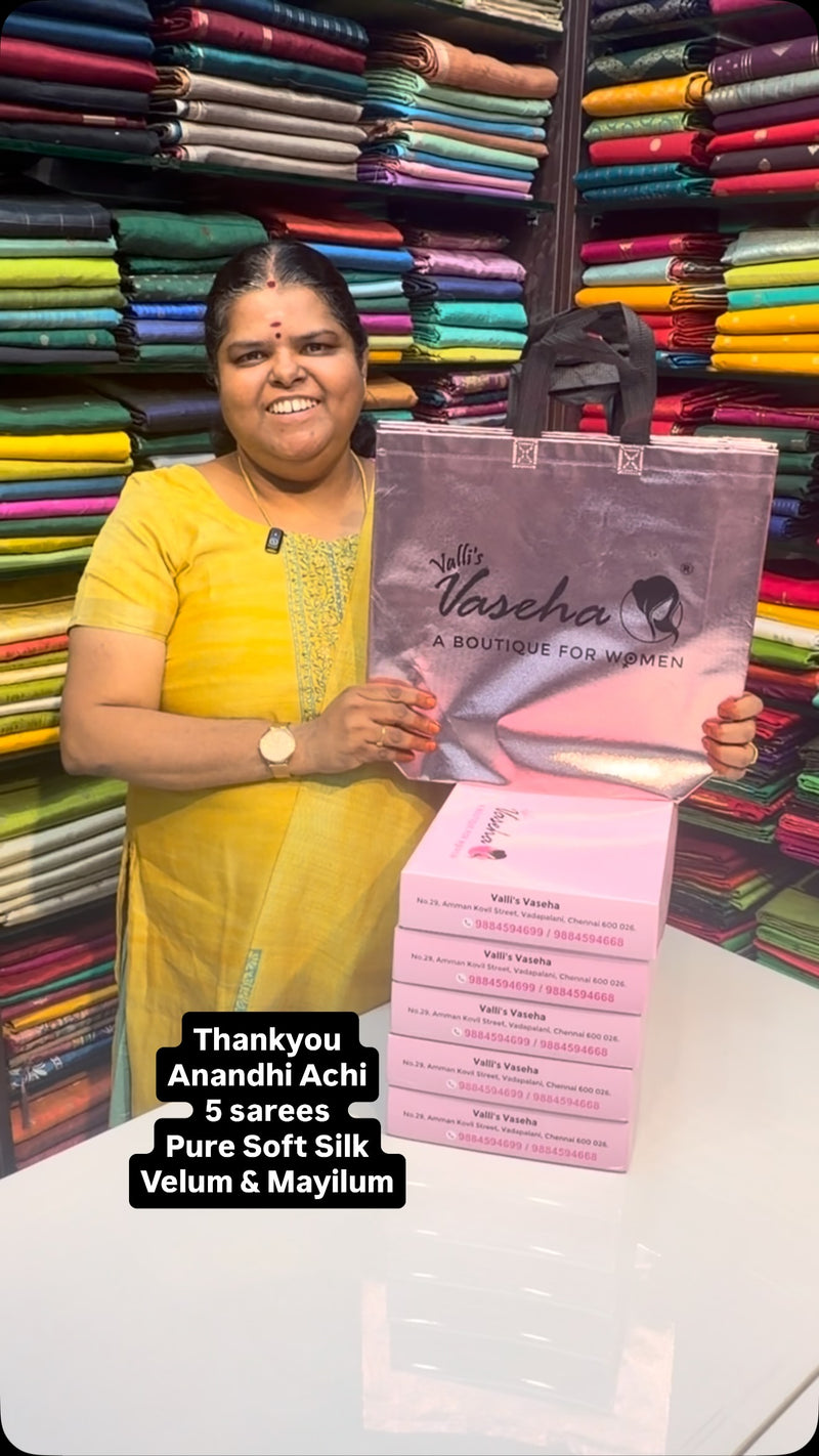 5 Sarees - Thankyou Anandhi Achi Mam - Pure Soft Silk - Velum & May...
