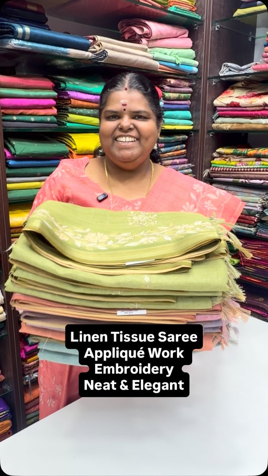 Soft | Breathable | Elegant | Linen Tissue Saree | Appliqué Work Em...