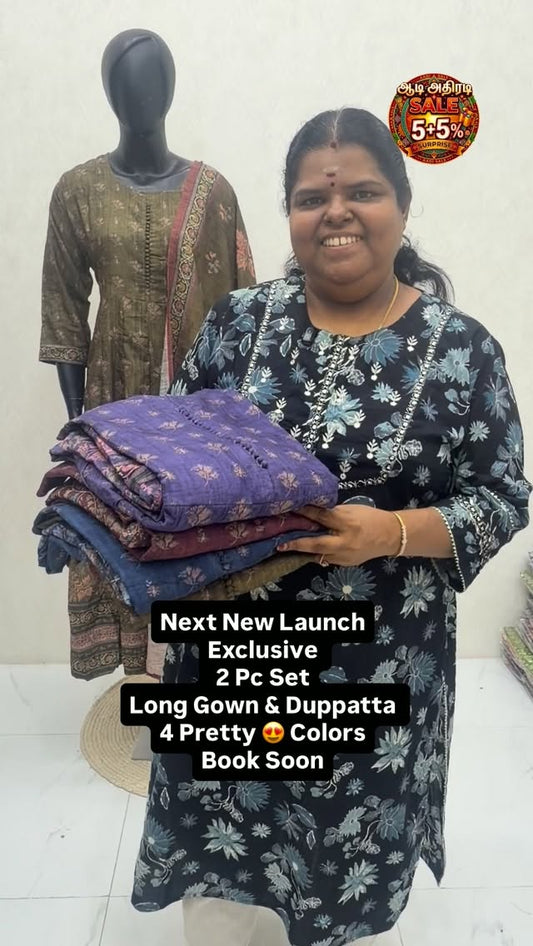 New Launch 🚀 - 2pc Set - Long Gown & Duppatta- Book Soon

Size:- M...
