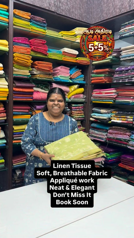 Soft | Breathable | Elegant | Linen Tissue Saree| Appliqué Work | B...