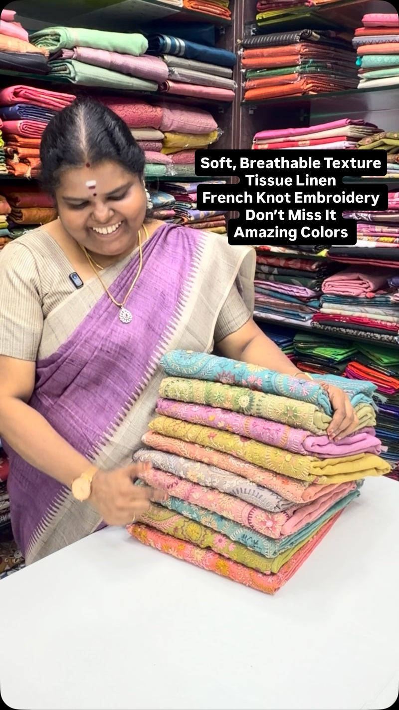 Soft | Breathable | Elegant | Linen Tissue Saree| French Knot Embro...