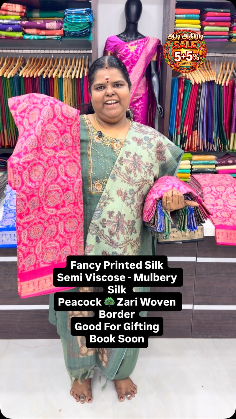 Semi Viscose - Mulberry Printed Silk - 
Zari Woven Peacock Border -...